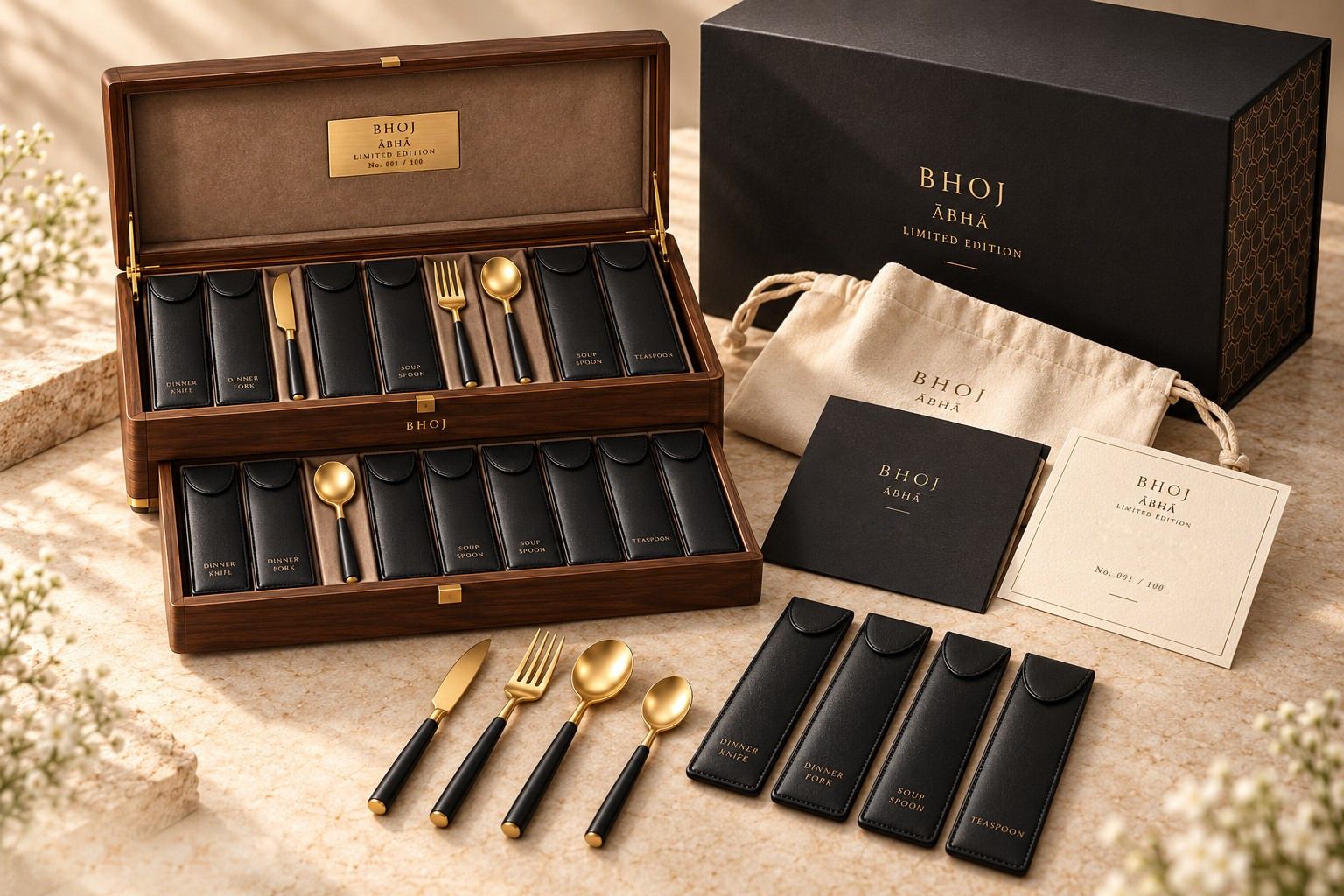 Gold-toned ĀBHĀ knife, fork and spoons with black handles, laid in front of their black sleeves, and the open two-tier walnut chest behind