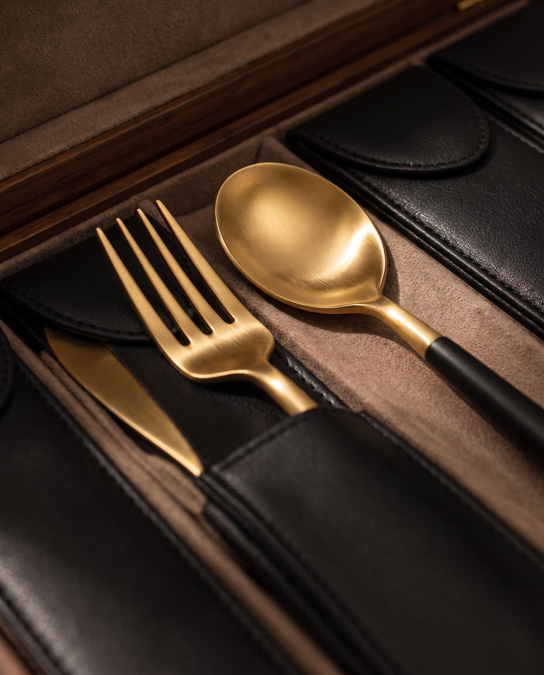 A gold-toned spoon and fork with black handles resting in fitted black sleeves