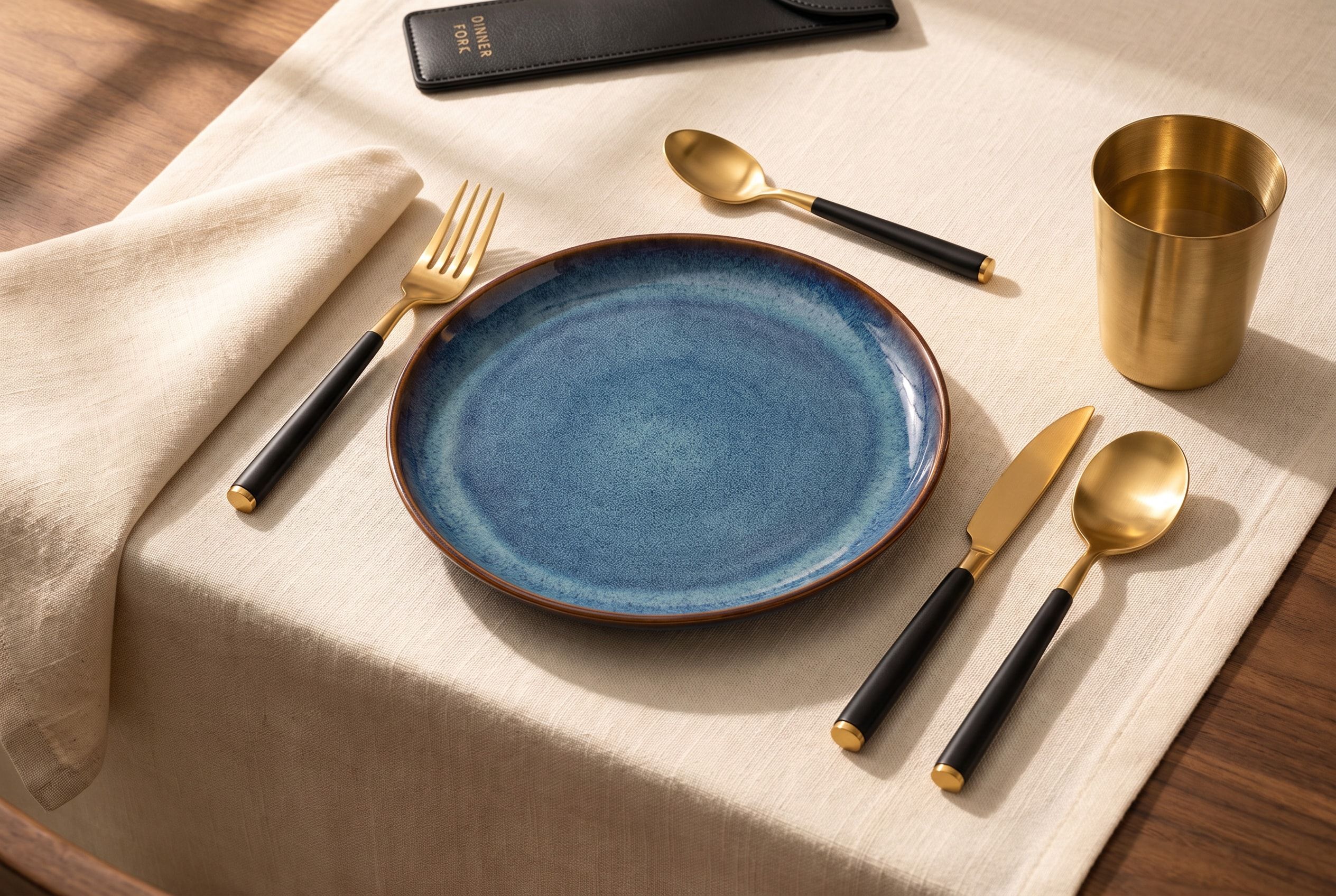 A blue-glazed NEELĀ plate and ĀBHĀ cutlery, black-handled and gold-toned, at a place set on ivory linen with a brass tumbler