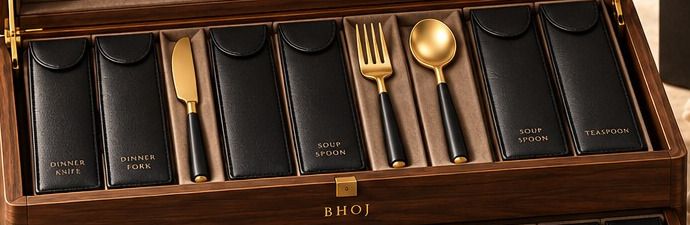 A gold-toned ĀBHĀ knife, fork and spoon resting between rows of black sleeves in the upper tray of the chest