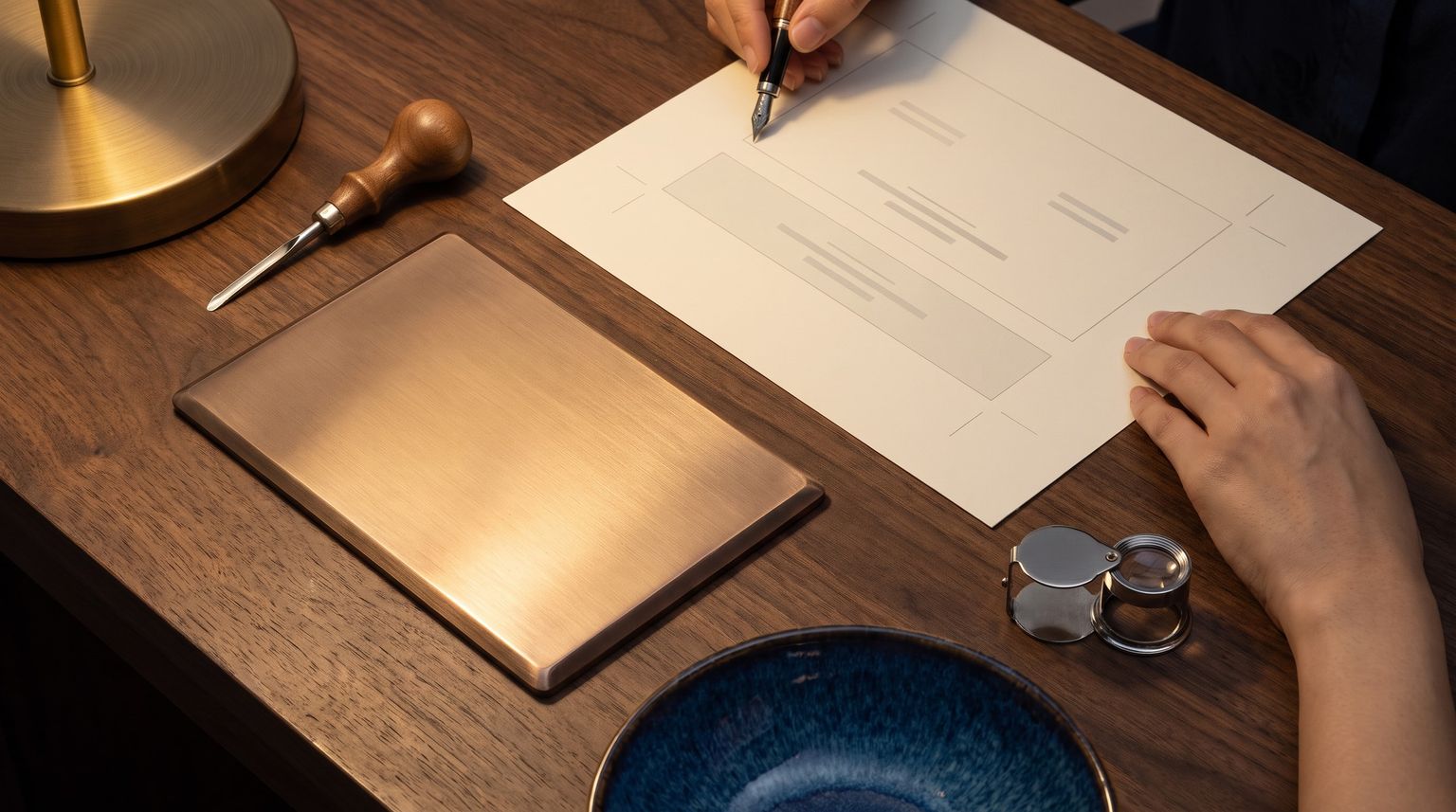 A blank bronze plate waiting to be engraved, on a walnut desk beside a burin and a blue-glazed bowl