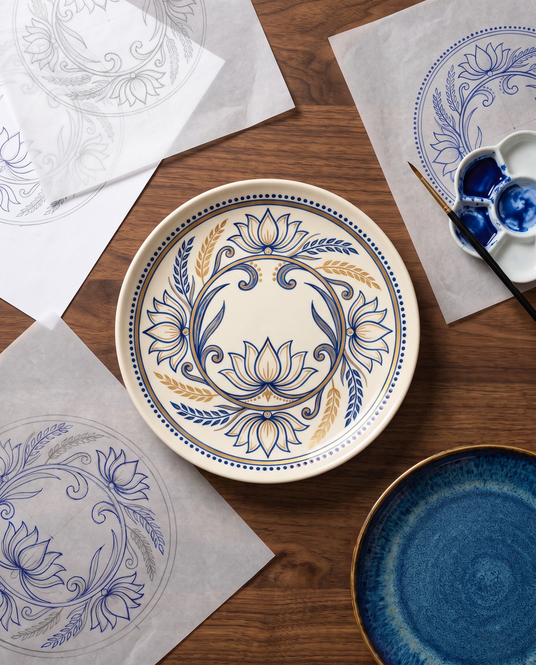 An ivory plate painted with a lotus and rice-stalk motif in cobalt and gold, among tracing sketches