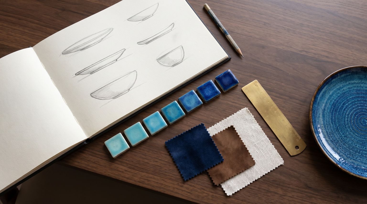 A sketchbook of plate profiles beside glaze test tiles, lining swatches, a brass ruler and a blue-glazed plate