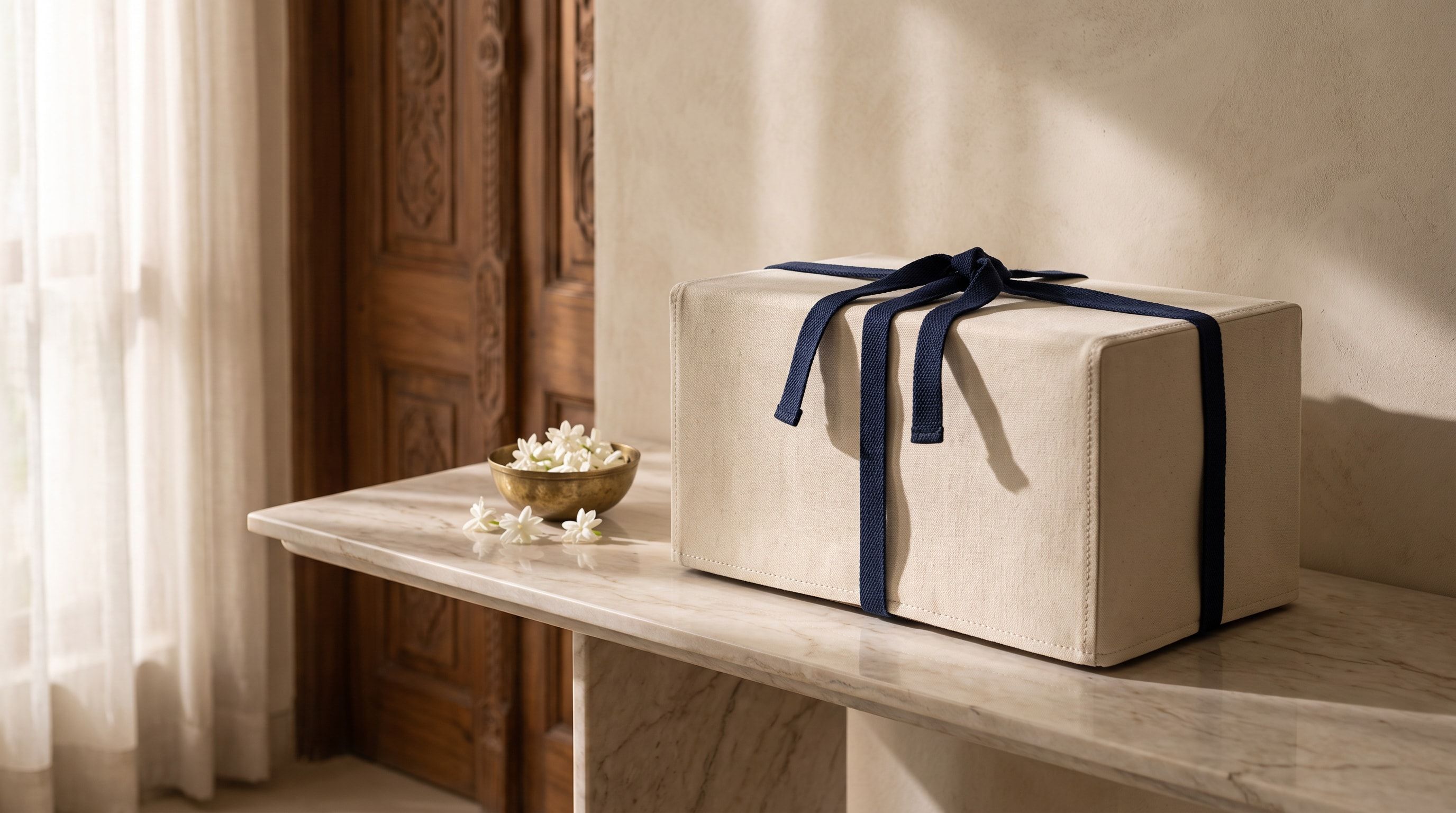 A set packed for delivery, its chest in an ivory canvas cover tied with a navy band, on a marble console