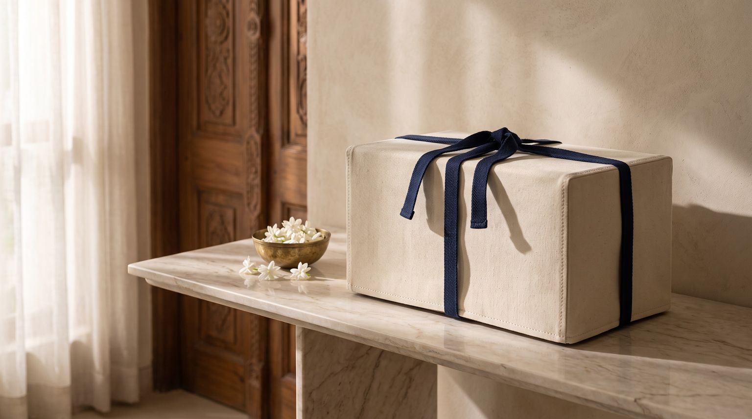 A set delivered in its walnut chest, wrapped in a tailored ivory canvas cover tied with navy ribbon, on a marble console beside a carved door, jasmine in a brass bowl