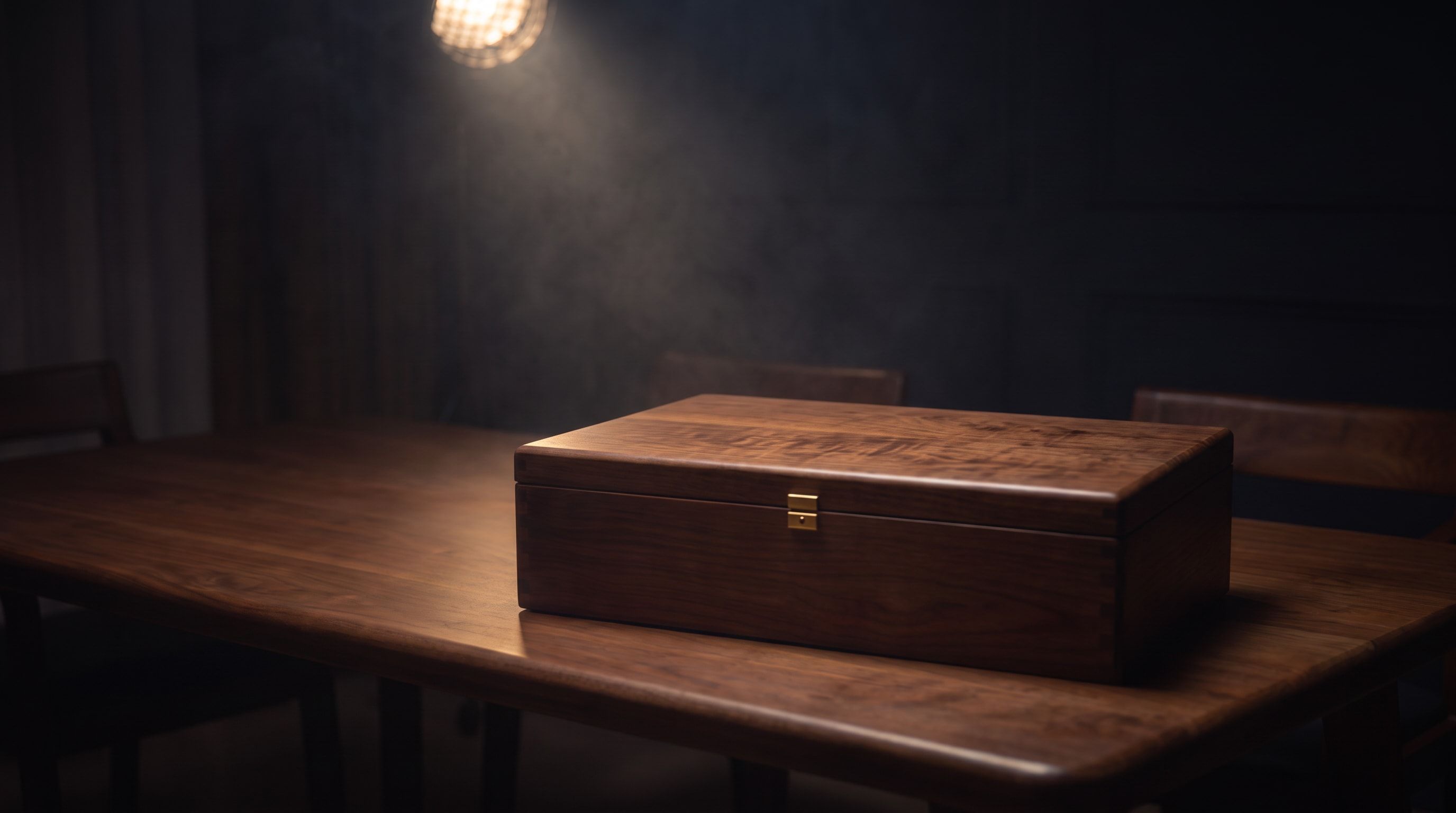 The closed walnut chest that holds a NEELĀ set, on a dark walnut table under one warm lamp: a single hinged lid, a small gold-toned catch at the front and dovetailed corners