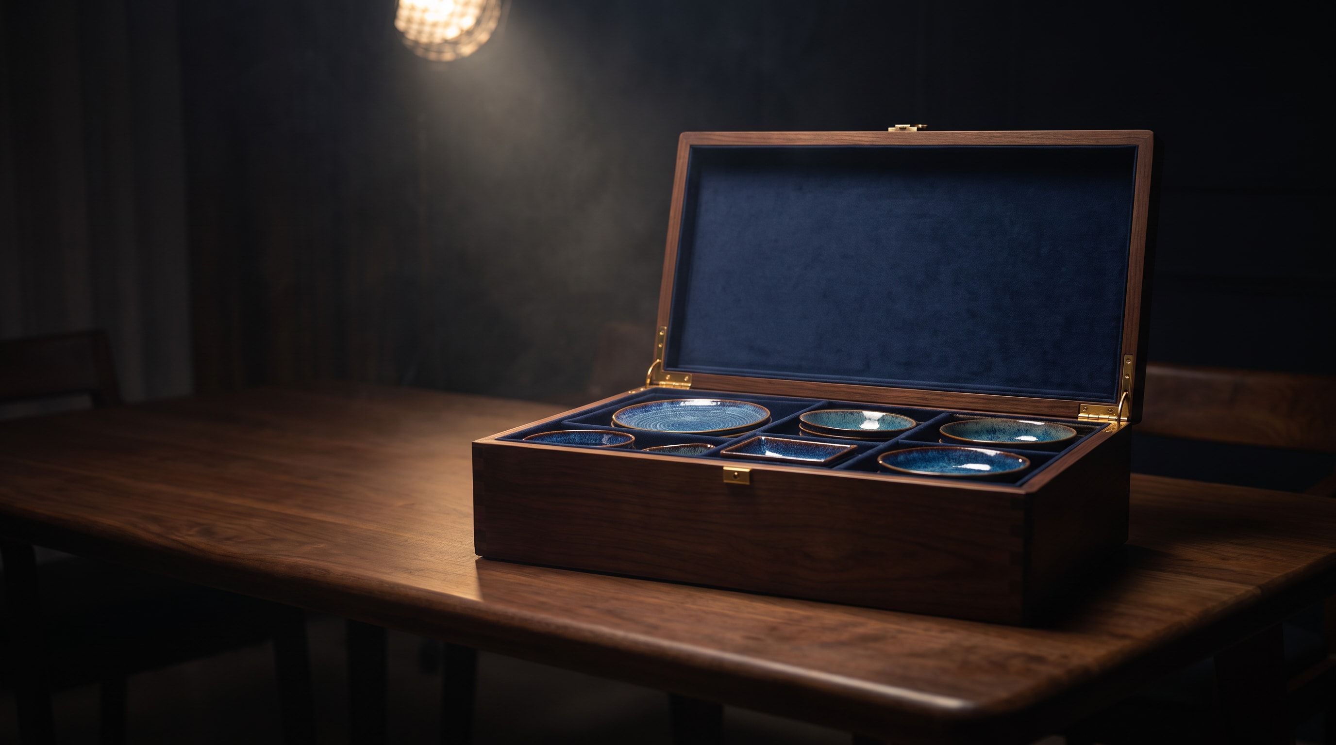 Blue-glazed plates and bowls resting in navy velvet places, in an open walnut chest on a dark table under one warm lamp
