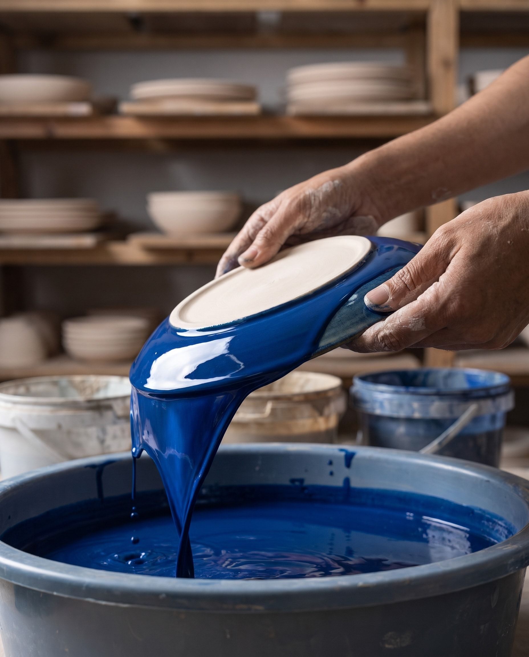 An artisan’s hands lifting a plate from a bucket of cobalt glaze, the glaze sheeting off its rim