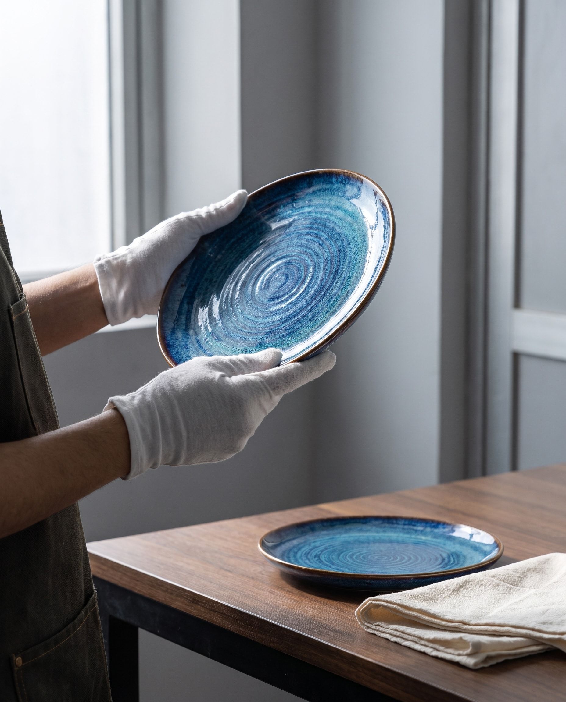 White-gloved hands holding a blue-glazed NEELĀ plate up to the window light, a second plate on a walnut table below