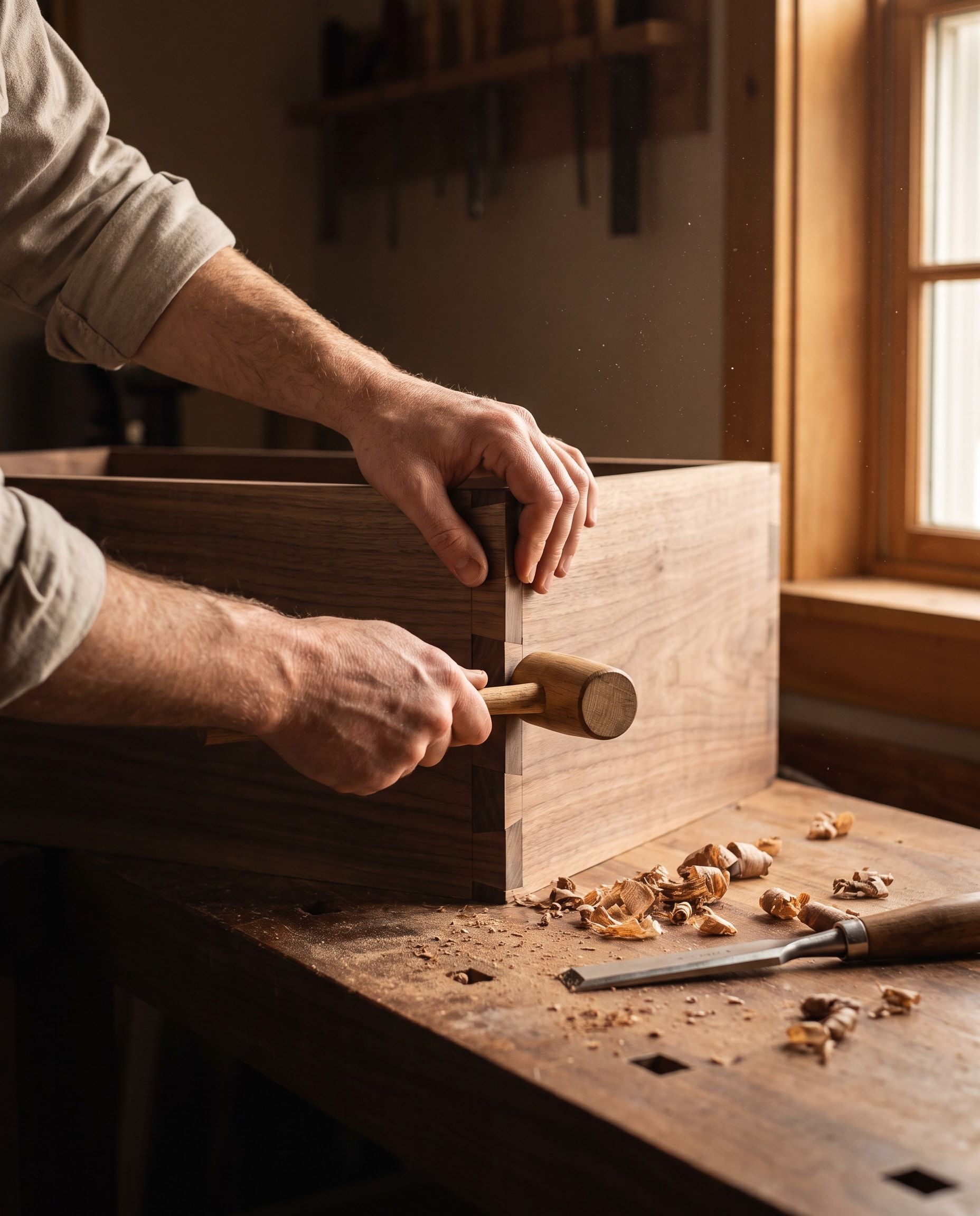 Hands tapping a dovetailed walnut corner closed with a wooden mallet, shavings on the bench