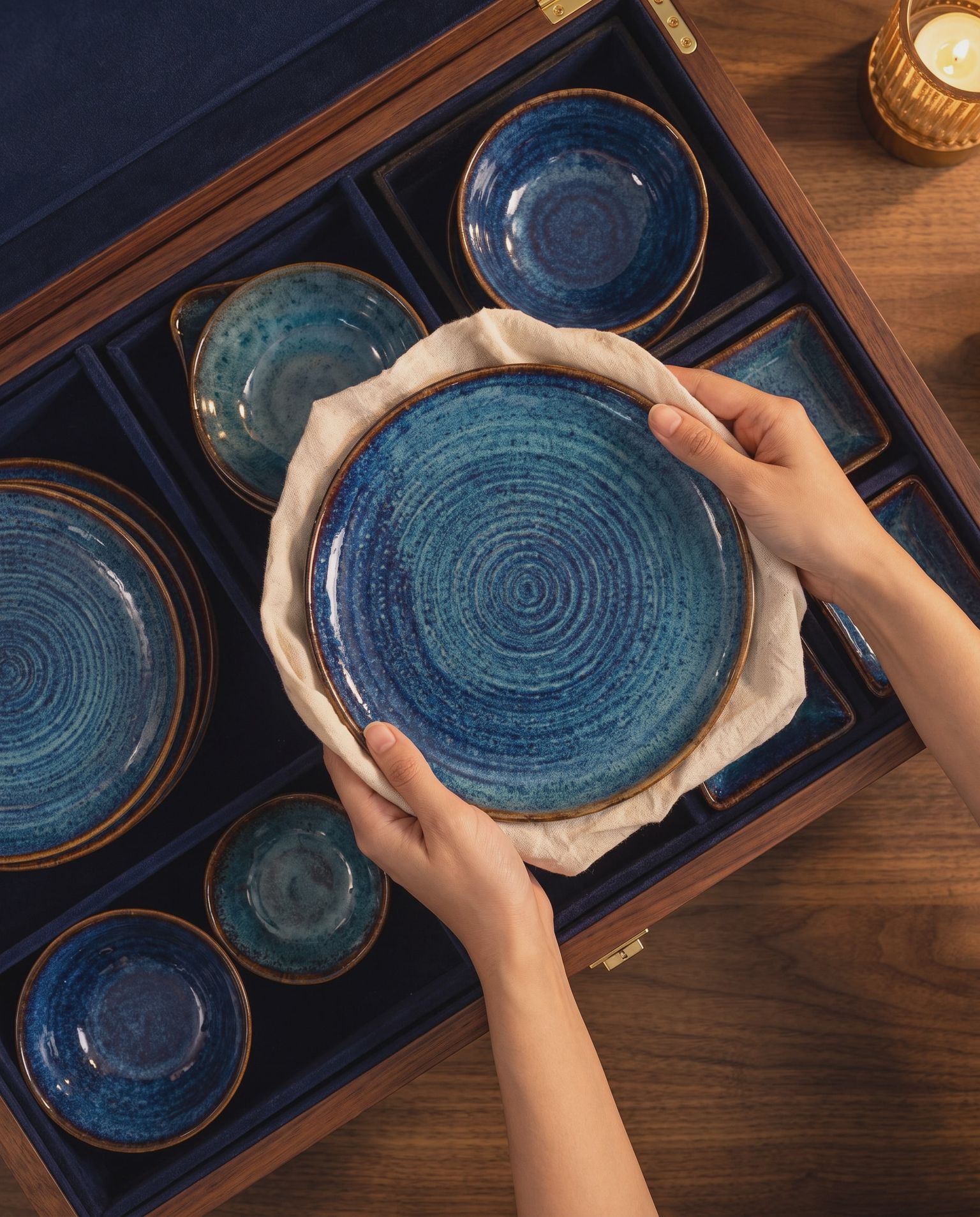 Hands lowering a cloth-wrapped NEELĀ plate into its velvet compartment, the other pieces in their places