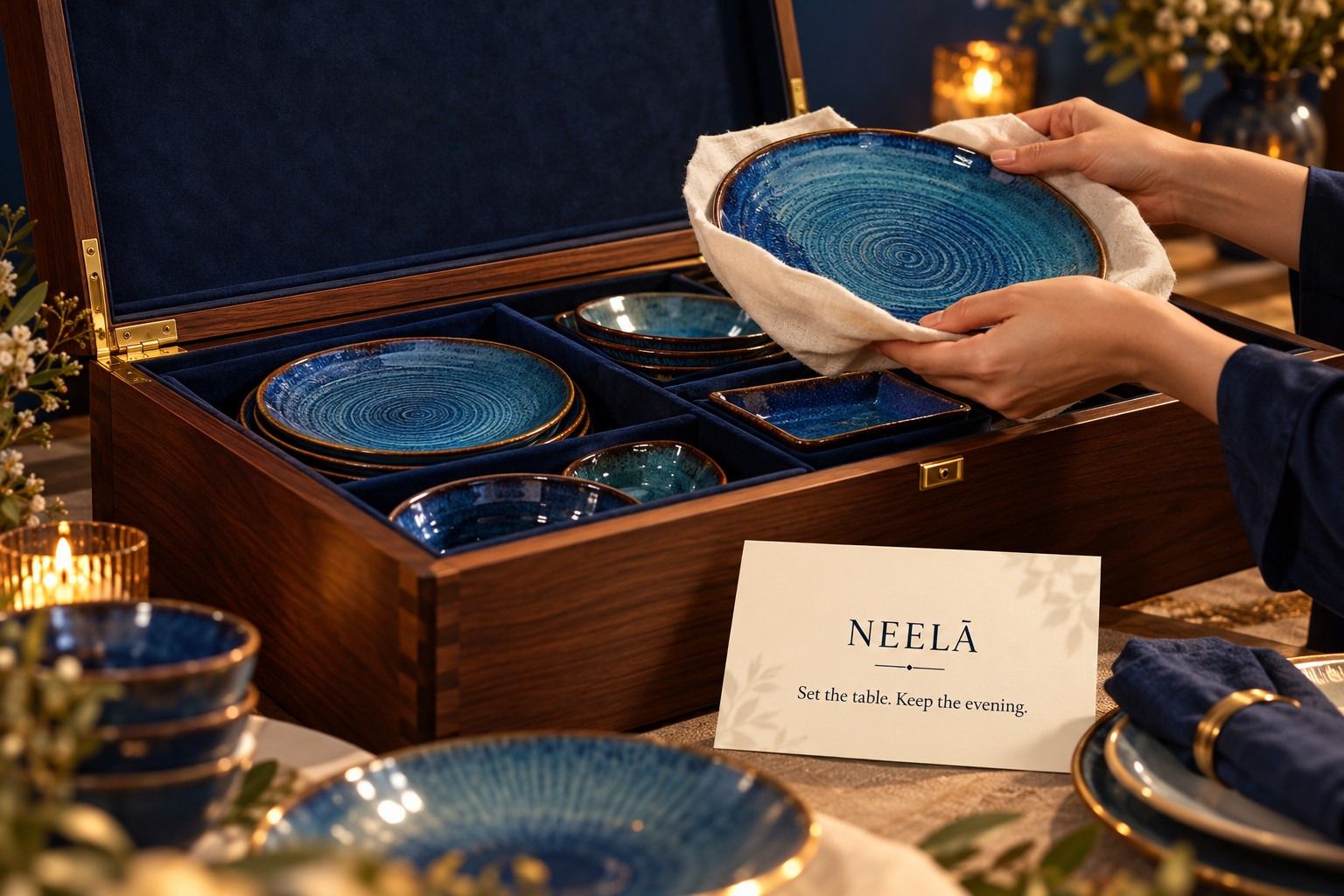 A card reading “NEELĀ. Set the table. Keep the evening.” beside blue-glazed plates and a navy napkin, in front of the walnut chest