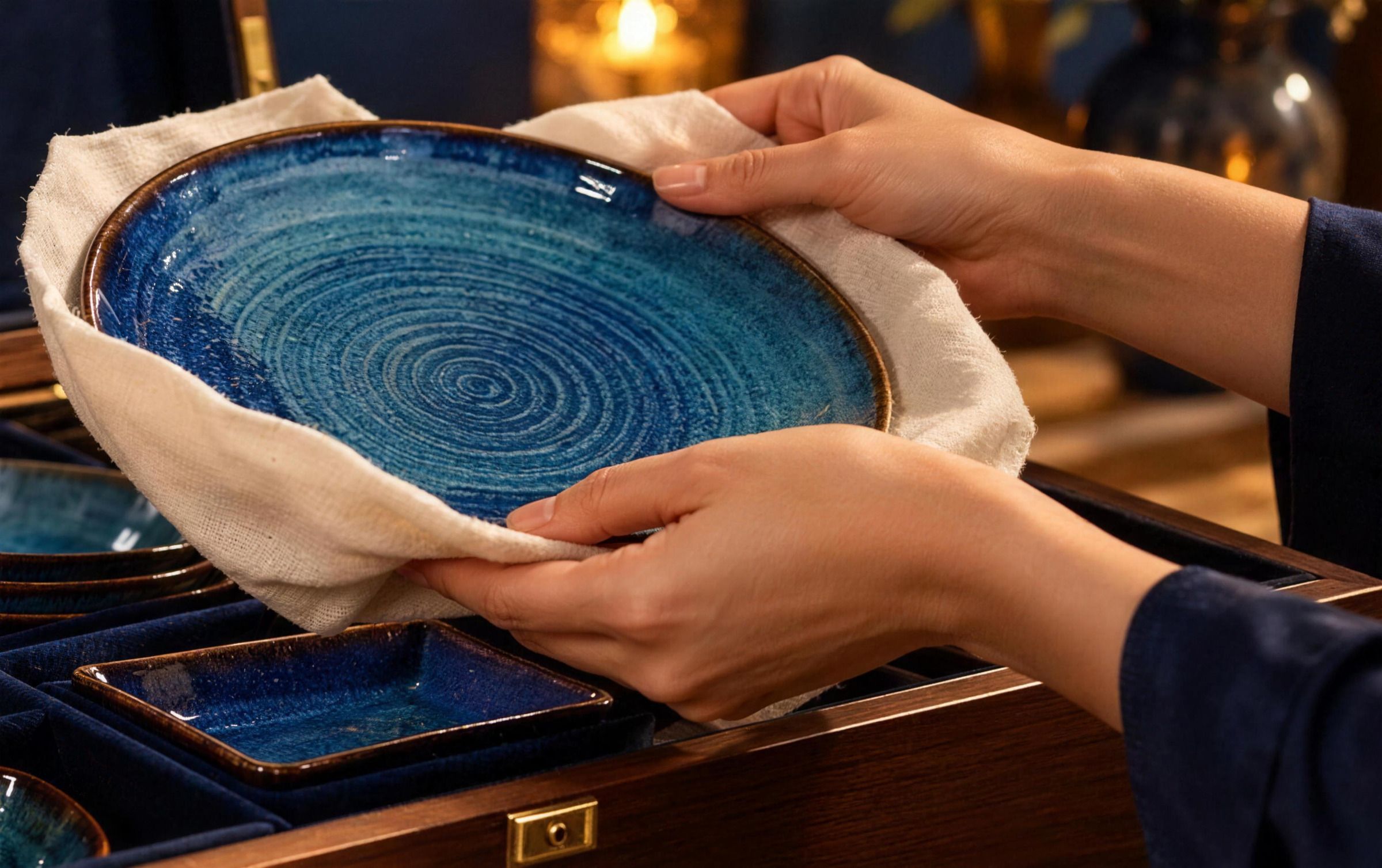 Hands lifting a blue-glazed NEELĀ plate, wrapped in pale cloth, from its place in the walnut chest