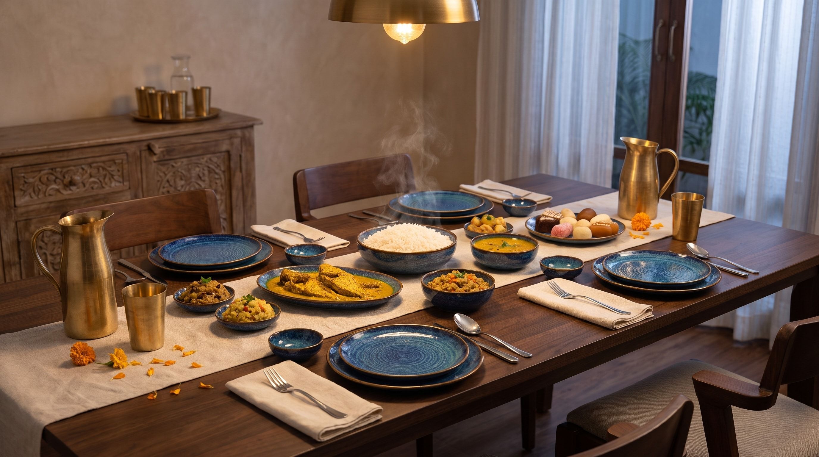NEELĀ set for a Bengali dinner: blue-glazed plates, rice, fish curry, dal and bhorta on a walnut table