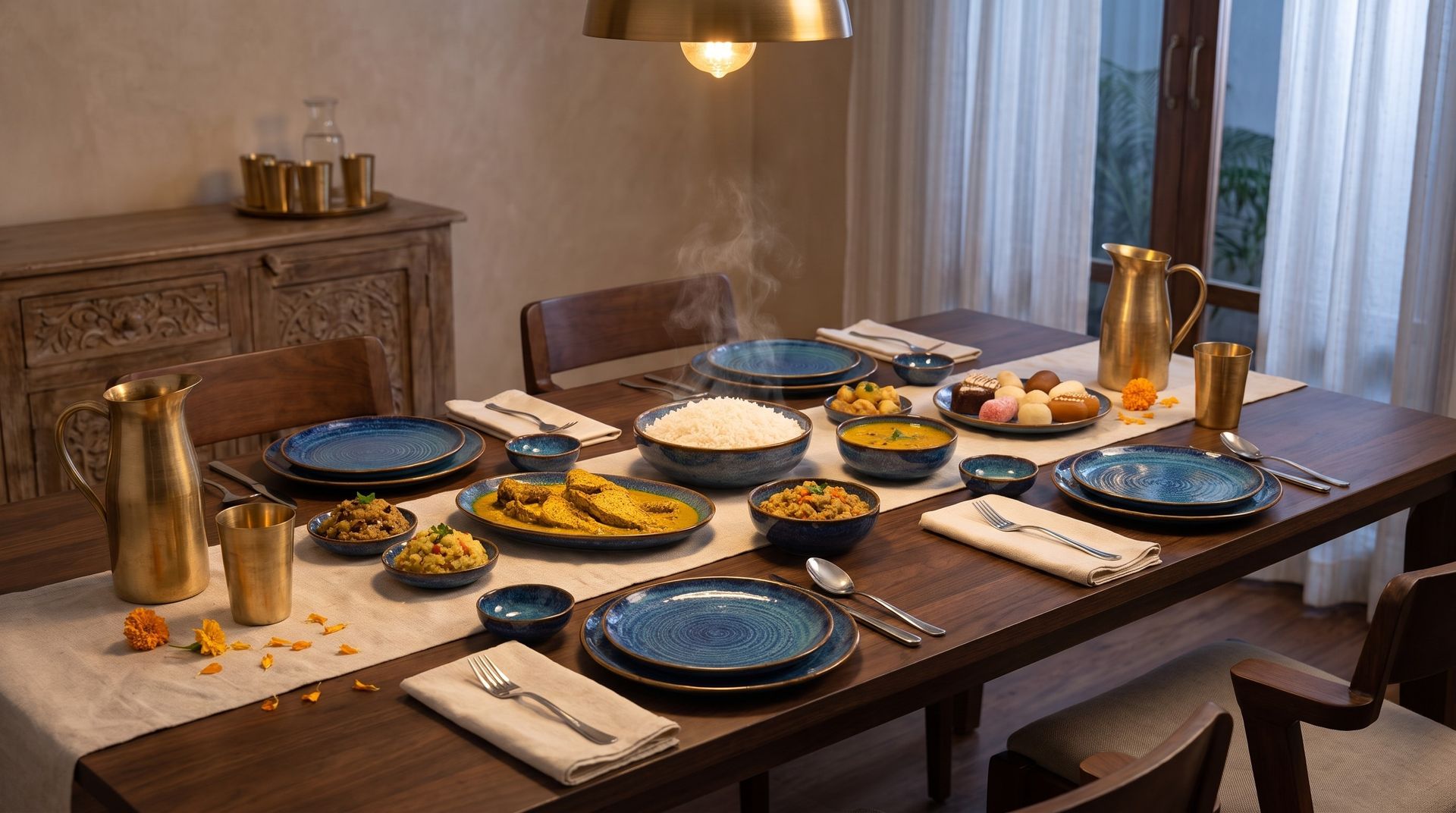NEELĀ blue-glazed plates and bowls set for a Bengali dinner: rice, fish curry, bhorta, dal and sweets, with brass glasses and marigolds, under a hanging lamp