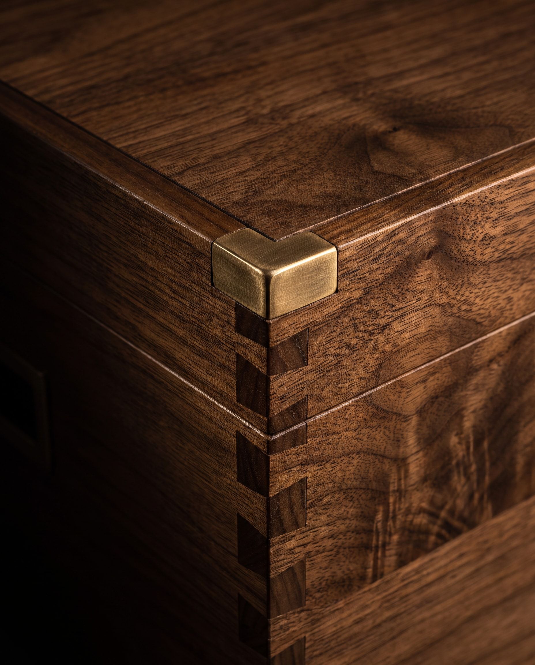 Figured walnut and a dovetailed corner of the chest, with a gold-toned corner guard